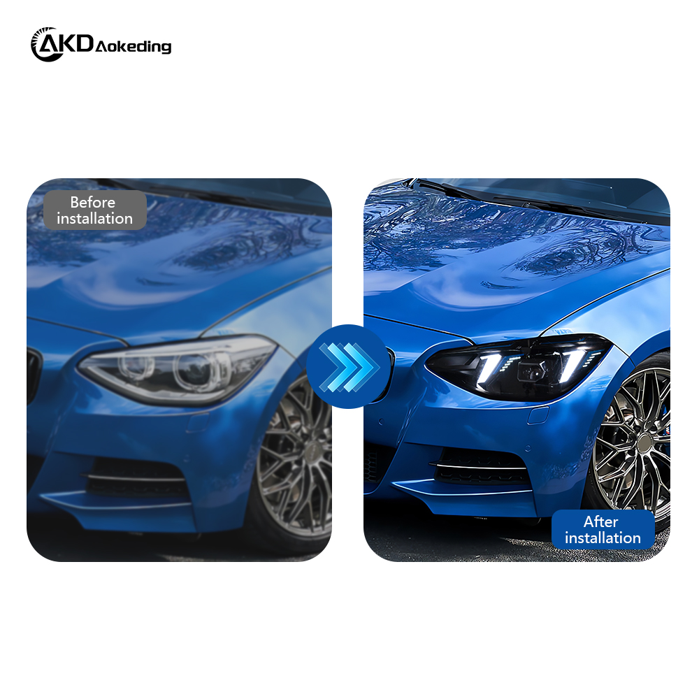 AKD Headlight Assembly Upgrade for 2012-2014 BMW 1 Series F20 Models: LED Laser Sequential Turn Signals, Daytime Running Lights, And Bi-xenon Projector Lenses.