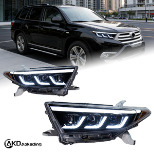 AKD headlight assembly upgrade for 2012-2014 Toyota Highlander models, featuring LED lenses, daytime running lights, and sequential turn signals.