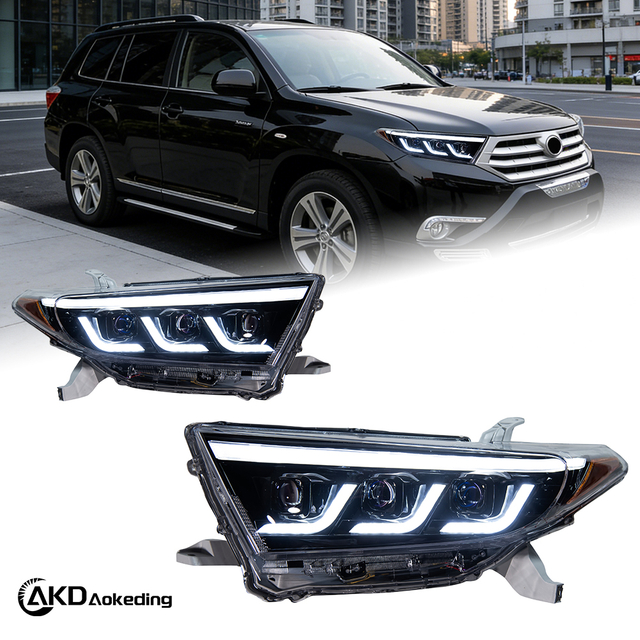 AKD headlight assembly upgrade for 2012-2014 Toyota Highlander models, featuring LED lenses, daytime running lights, and sequential turn signals.