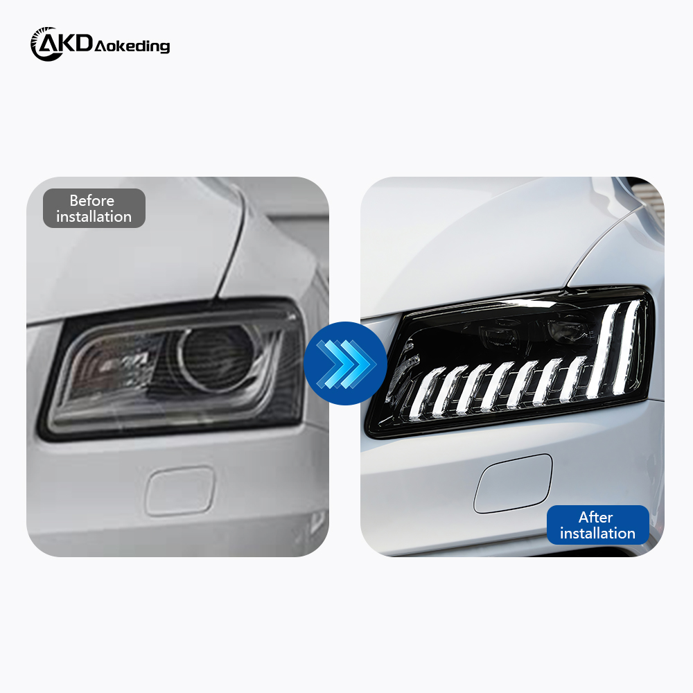 AKD All-LED Headlight Assembly for Audi Q5 Models (2008-2016), featuring running lights, dynamic turn signals, and projector lenses.