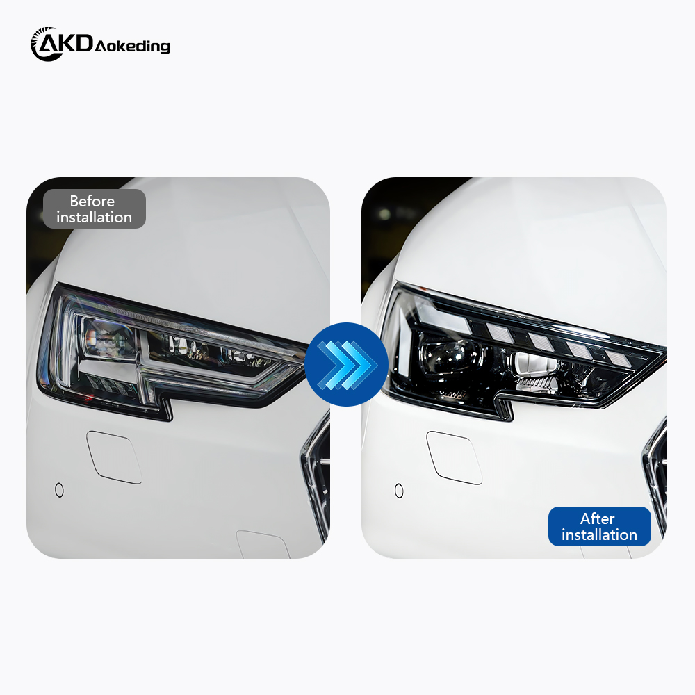 AKD headlight assembly modification for 2017-2020 Audi A4 models, featuring new RS LED daytime running lights and dynamic turn signals with projector lenses.