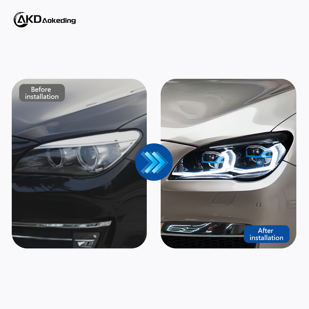 AKD Headlight Assembly Upgrade for 2013-2015 BMW 7 Series F02 Models: LED Laser Sequential Turn Signals, Daytime Running Lights, And Bi-xenon Projector Lenses.