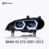 AKD headlight assembly retrofit for 2007-2013 BMW X5 E70, including daytime running lights, LED headlights, and turn signals.
