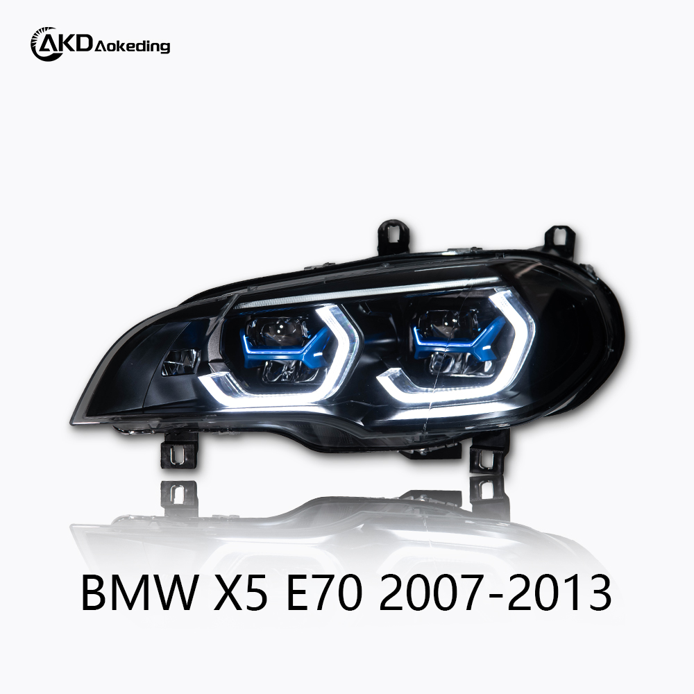 AKD headlight assembly retrofit for 2007-2013 BMW X5 E70, including daytime running lights, LED headlights, and turn signals.