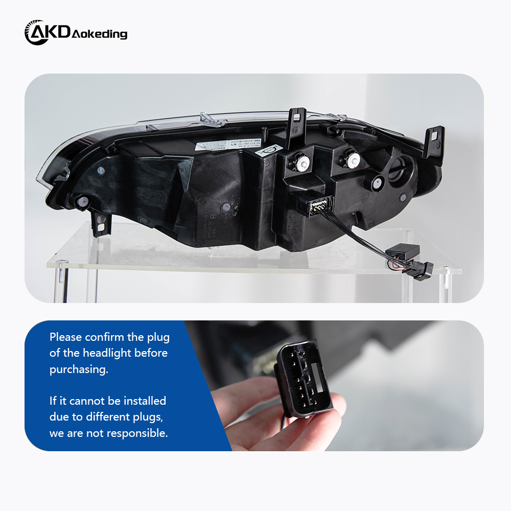 AKD headlight assembly retrofit for 2008-2014 BMW X6 E71 models, including daytime running lights, LED headlights, and turn signals.