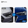 AKD headlight assembly modification for 2020-2023 Audi A4 models, RS4 model with flowing turn signals and LED bi-xenon projector headlights.