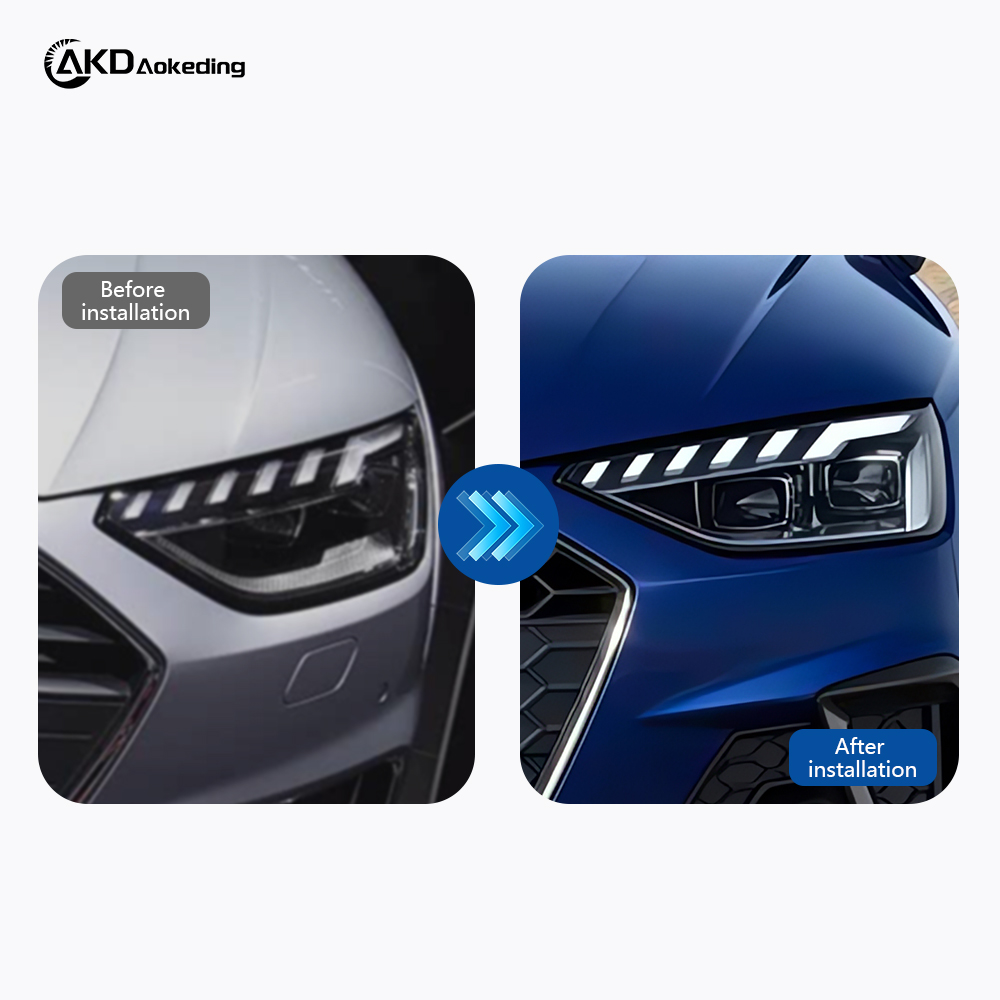 AKD headlight assembly modification for 2020-2023 Audi A4 models, RS4 model with flowing turn signals and LED bi-xenon projector headlights.