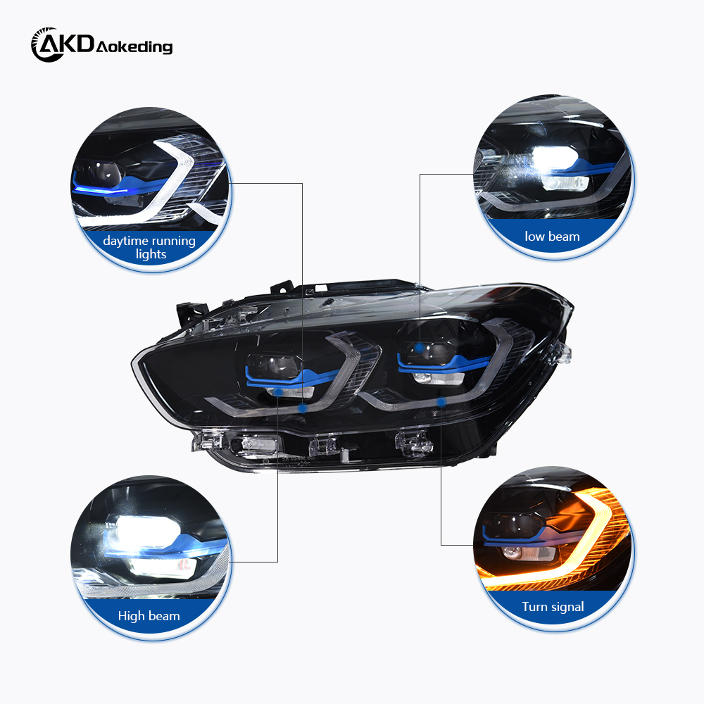 AKD headlight assembly upgrade for 2016-2018 BMW 1 Series F20 models, featuring LED laser sequential turn signals, daytime running lights, and bi-xenon projector lenses.