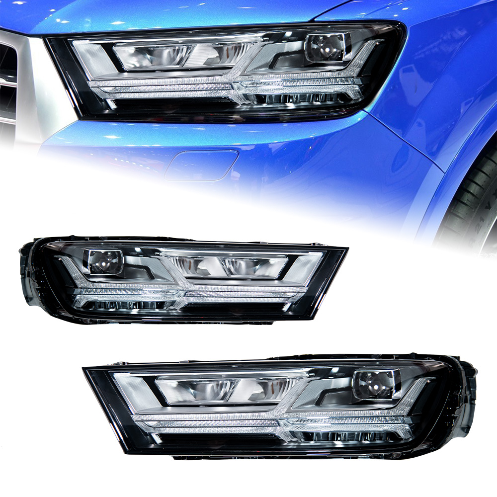 AKD headlight assembly upgrade specifically for 2016-2019 Audi Q7 models: LED laser sequential turn signals, daytime running lights, and bi-xenon projectors.