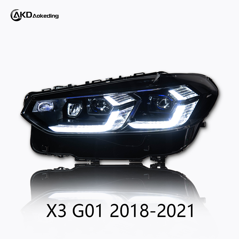 AKD G01/08 headlight assembly specifically for 2018-2021 BMW X3 models: LED lens, daytime running lights, turn signals, and laser headlights.