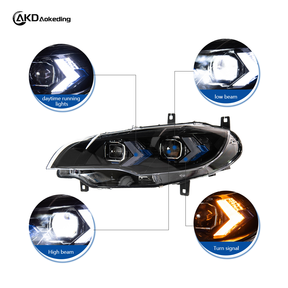 AKD Headlight Assembly Upgrade for 2008-2014 BMW X6 E71 Models: LED Laser Sequential Turn Signals, Daytime Running Lights, And Bi-xenon Projector Lenses.
