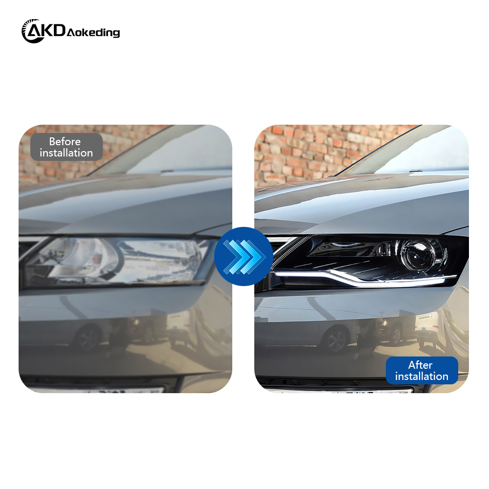 AKD Headlight Assembly Retrofit for 2014-2018 Skoda Rapid with LED Laser Sequential Turn Signals, Daytime Running Lights, And Bi-xenon Projector Lenses.