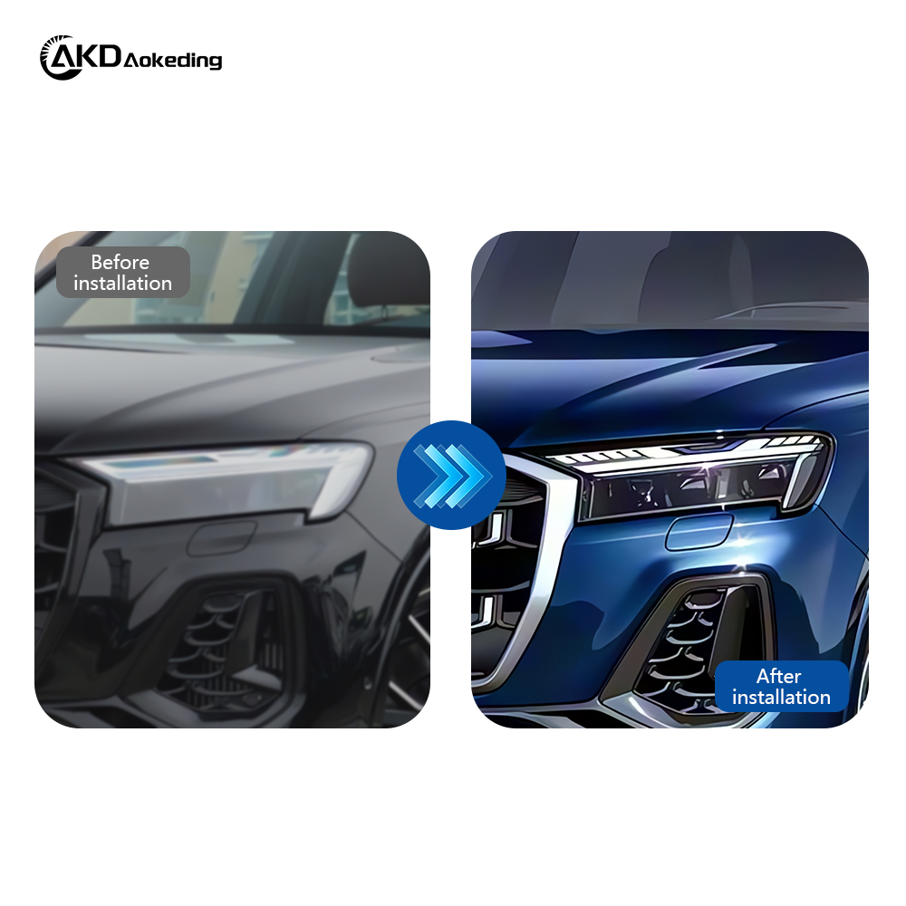 AKD headlight assembly upgrade for 2020-2025 Audi Q7 models: LED laser lens, daytime running lights, and sequential turn signals.