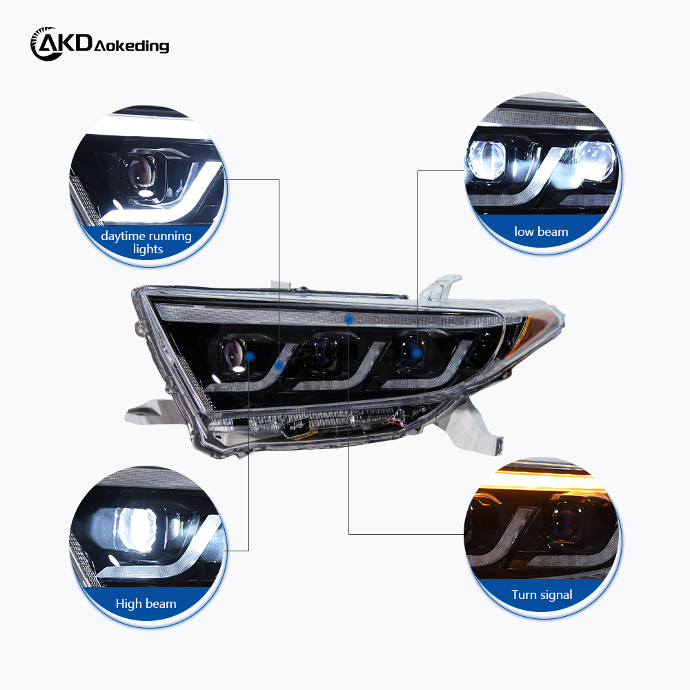 AKD headlight assembly upgrade for 2012-2014 Toyota Highlander models, featuring LED lenses, daytime running lights, and sequential turn signals.