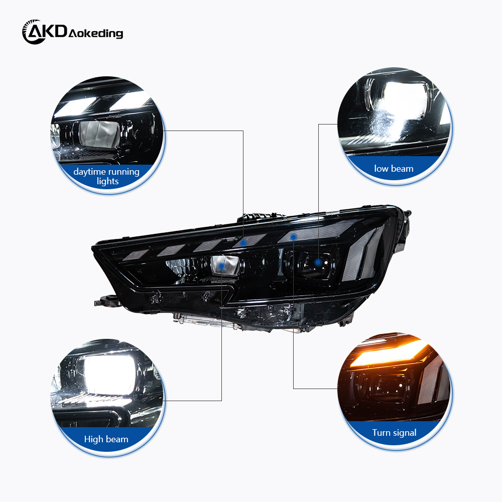 AKD headlight assembly modification for 2017-2020 Audi A4 models, featuring new RS LED daytime running lights and dynamic turn signals with projector lenses.
