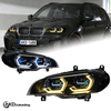 AKD headlight assembly retrofit for 2007-2013 BMW X5 E70, including daytime running lights, LED headlights, and turn signals.