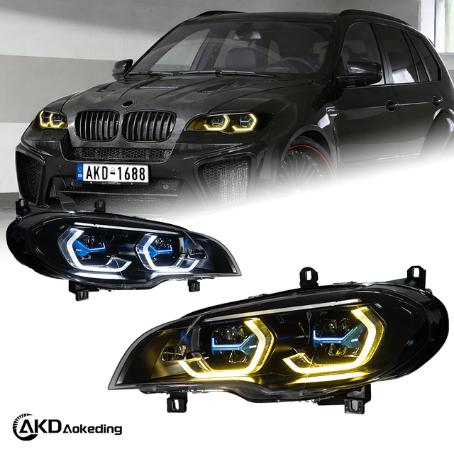AKD headlight assembly retrofit for 2007-2013 BMW X5 E70, including daytime running lights, LED headlights, and turn signals.