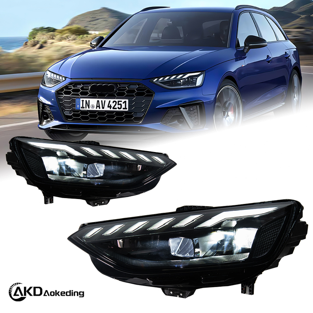 AKD headlight assembly modification for 2020-2023 Audi A4 models, RS4 model with flowing turn signals and LED bi-xenon projector headlights.