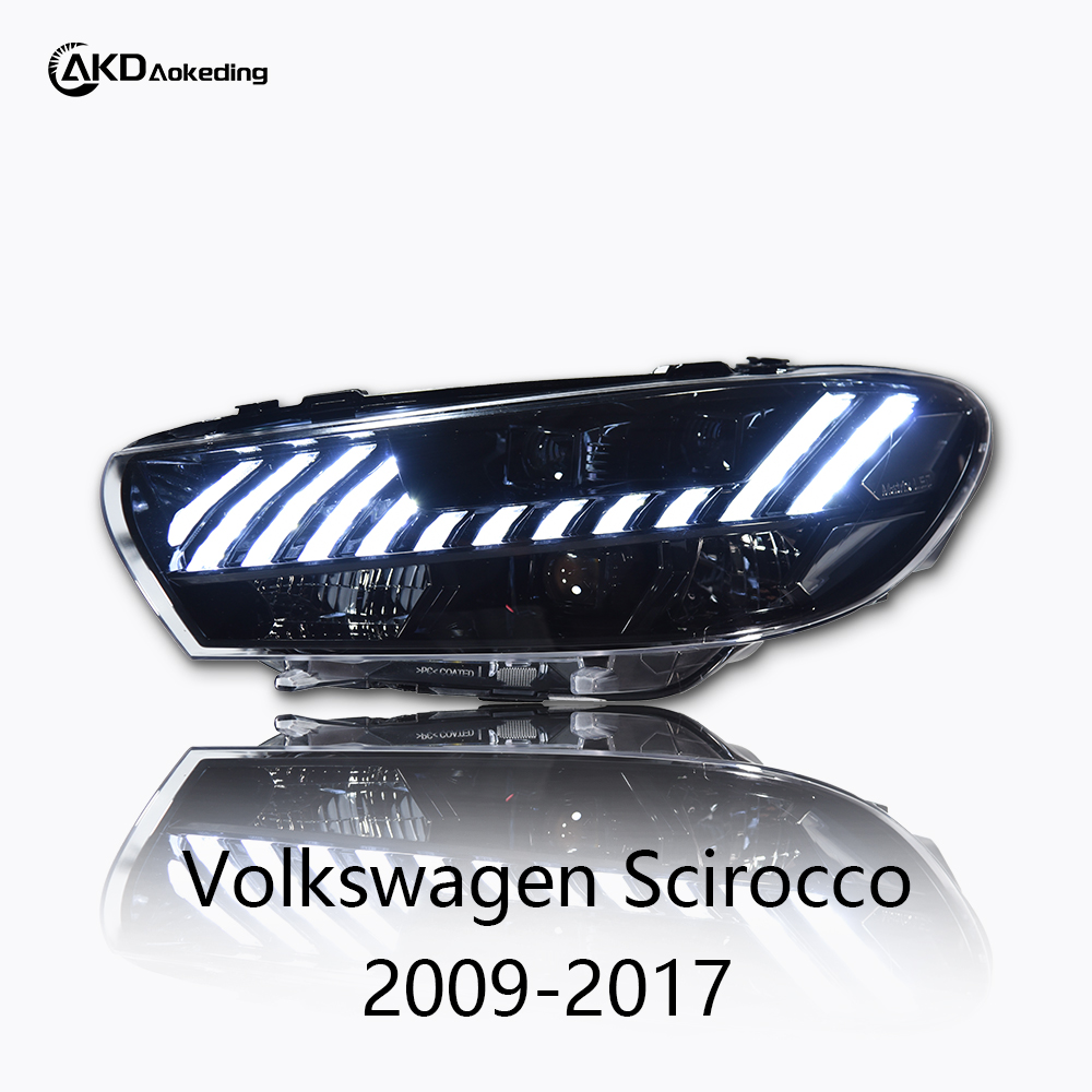 AKD headlight assembly for Volkswagen Scirocco 2009-2017 models, retrofitting with LED daytime running lights and sequential turn signals.