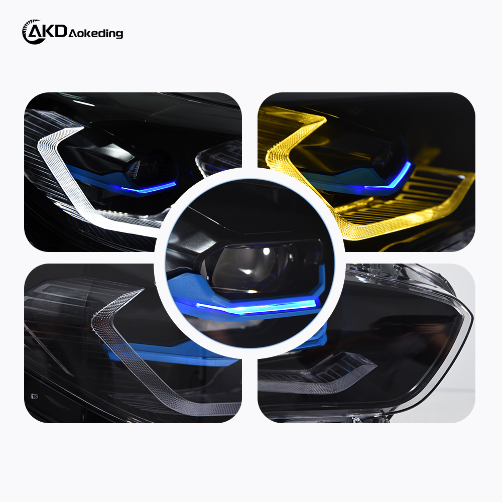 AKD headlight assembly upgrade for 2016-2018 BMW 1 Series F20 models, featuring LED laser sequential turn signals, daytime running lights, and bi-xenon projector lenses.