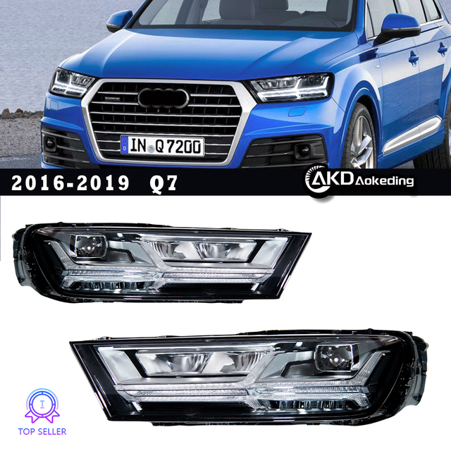 AKD headlight assembly upgrade specifically for 2016-2019 Audi Q7 models: LED laser sequential turn signals, daytime running lights, and bi-xenon projectors.