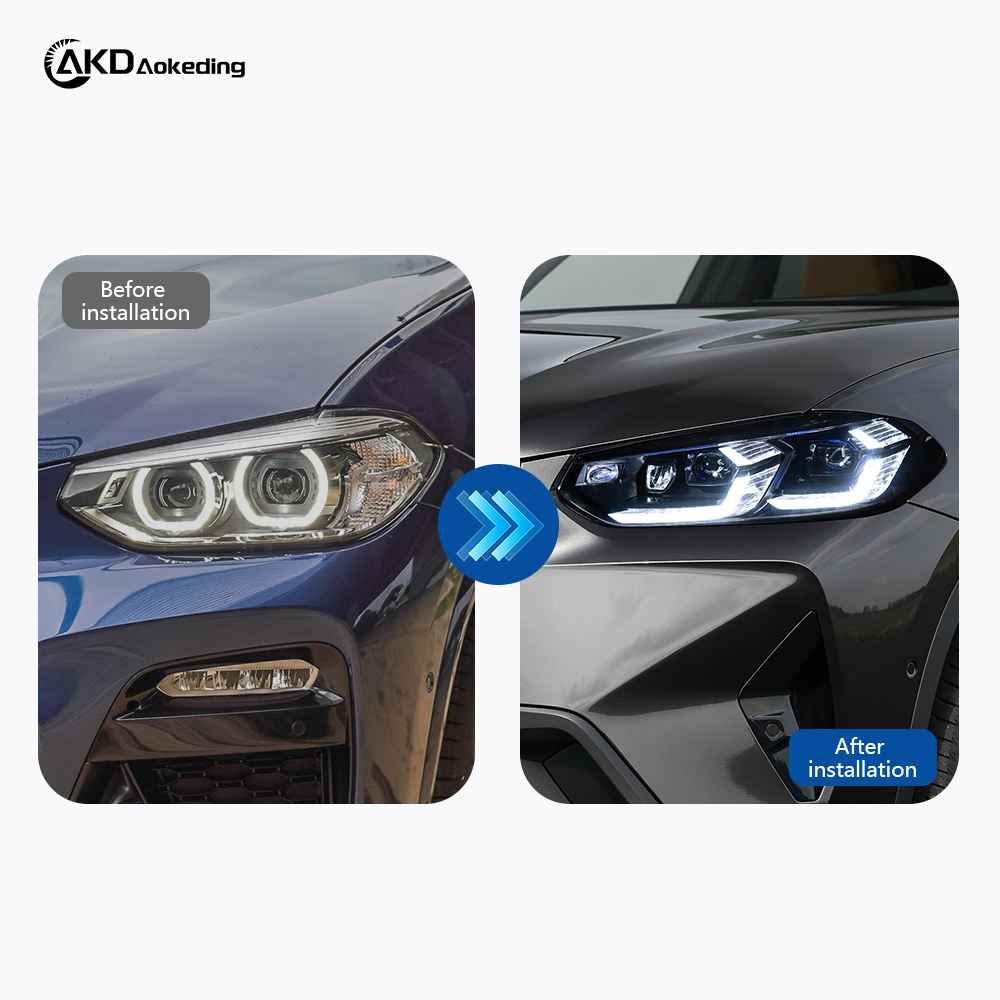 AKD G01/08 headlight assembly specifically for 2018-2021 BMW X3 models: LED lens, daytime running lights, turn signals, and laser headlights.