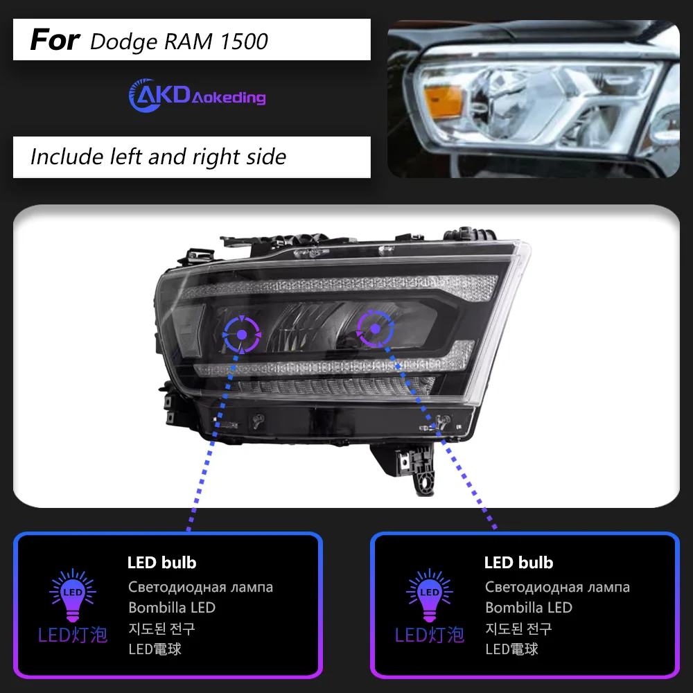 AKD Car Styling Head Lamp for Dodge Ram Headlights 2019-2022 Ram1500 LED Headlight DRL Projector Lens Reverse auto Accessories