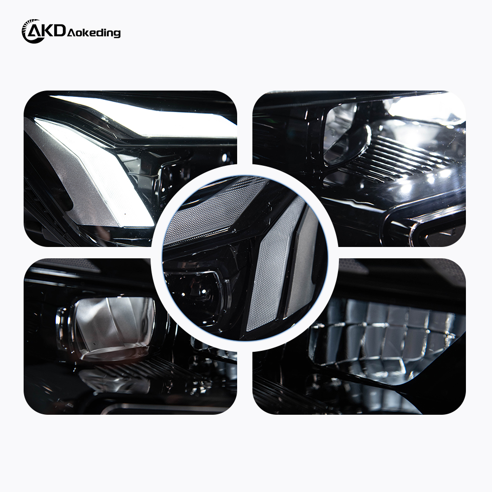 AKD headlight assembly modification for 2017-2020 Audi A4 models, featuring new RS LED daytime running lights and dynamic turn signals with projector lenses.
