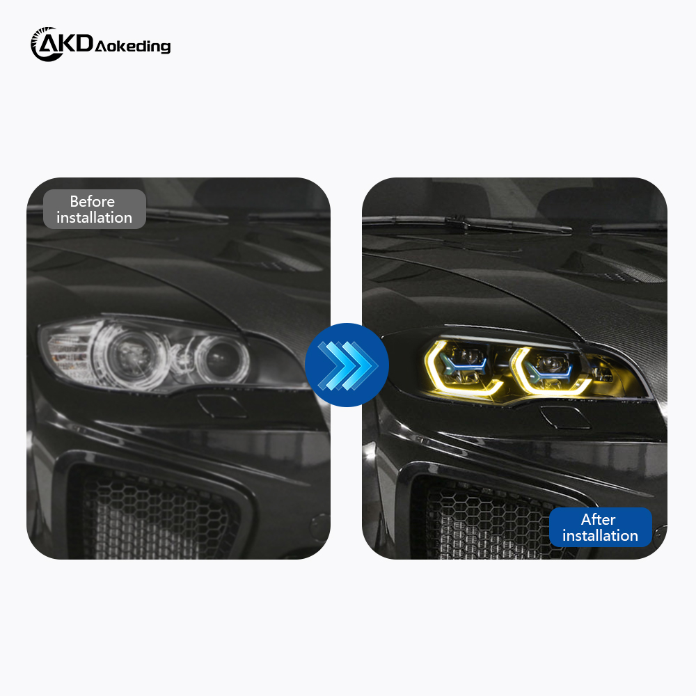AKD headlight assembly retrofit for 2007-2013 BMW X5 E70, including daytime running lights, LED headlights, and turn signals.