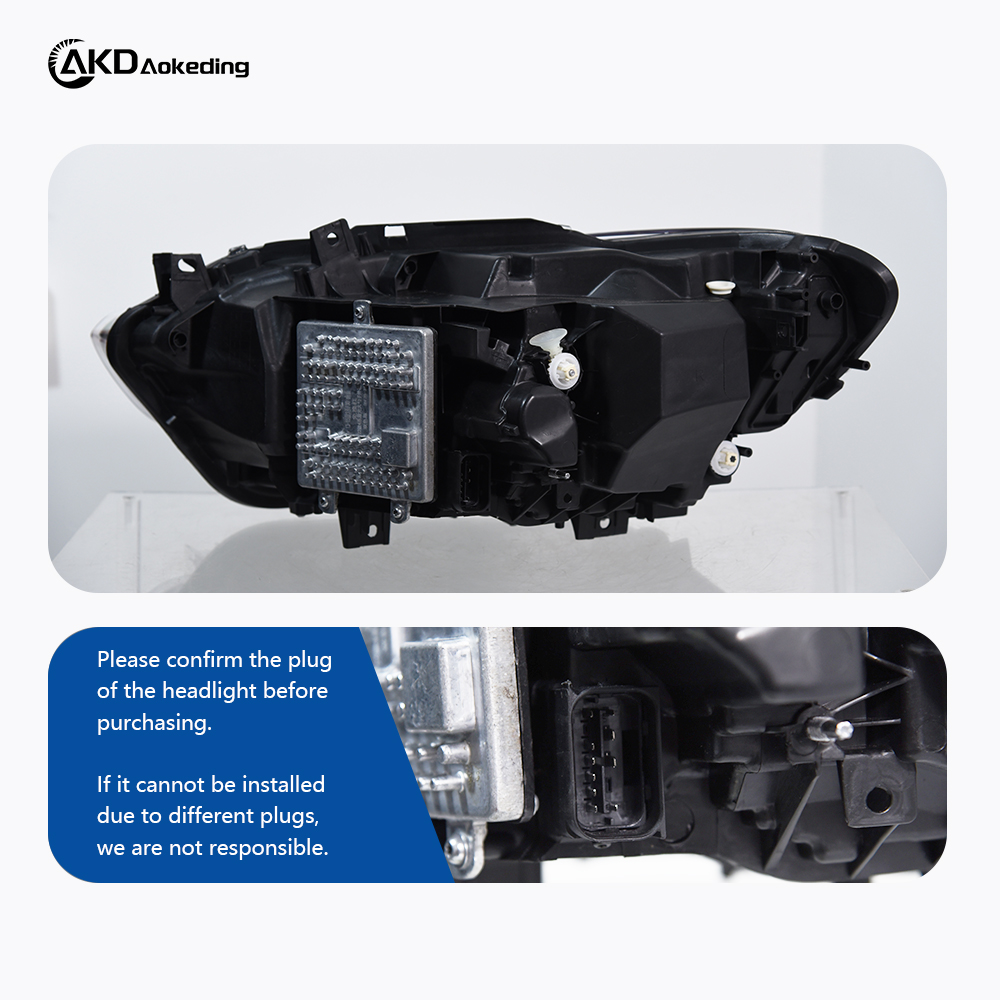 AKD headlight assembly upgrade for 2016-2018 BMW 1 Series F20 models, featuring LED laser sequential turn signals, daytime running lights, and bi-xenon projector lenses.