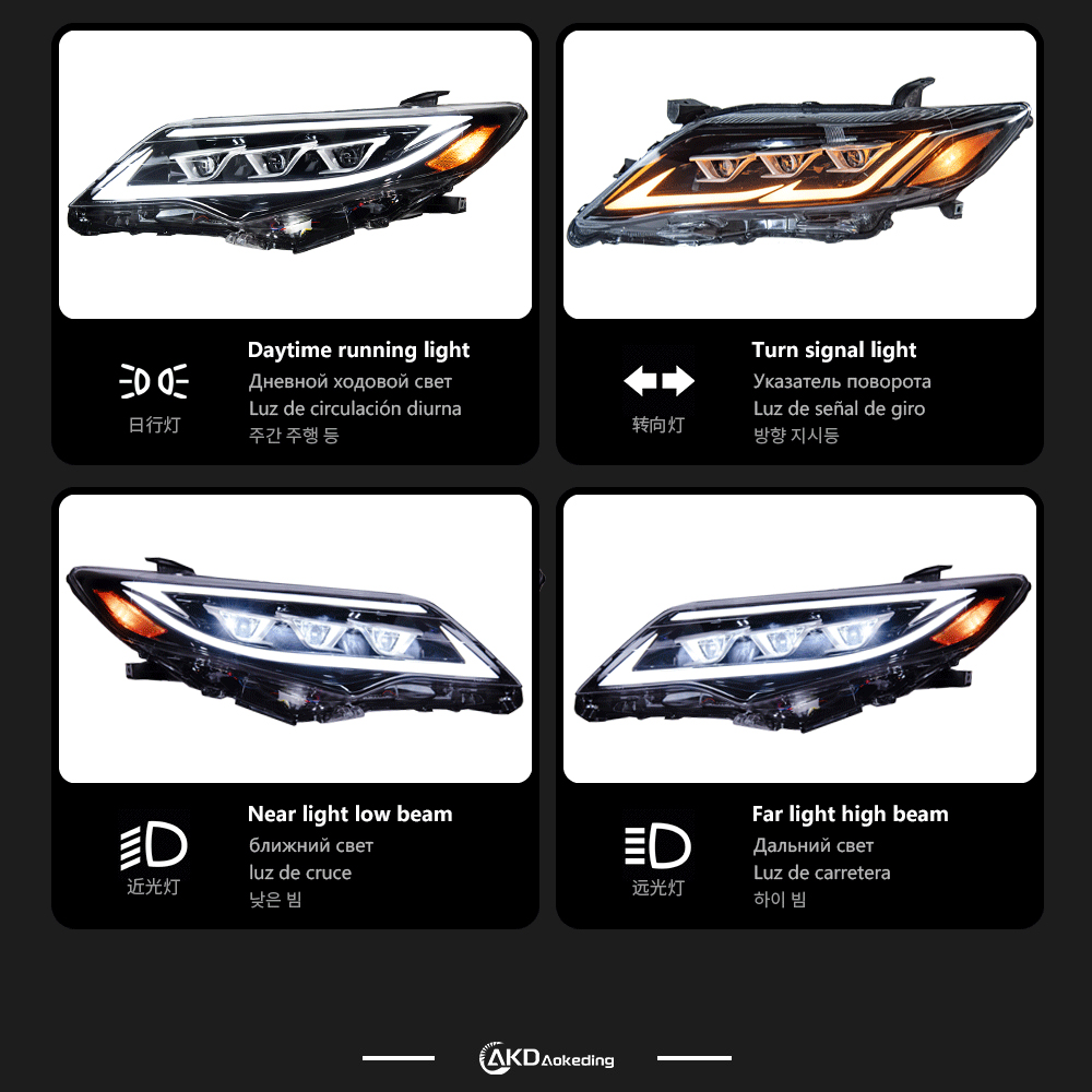 AKD headlight assembly upgrade for 2012-2014 Toyota Camry models, featuring three lenses, LED daytime running lights, and sequential turn signals.