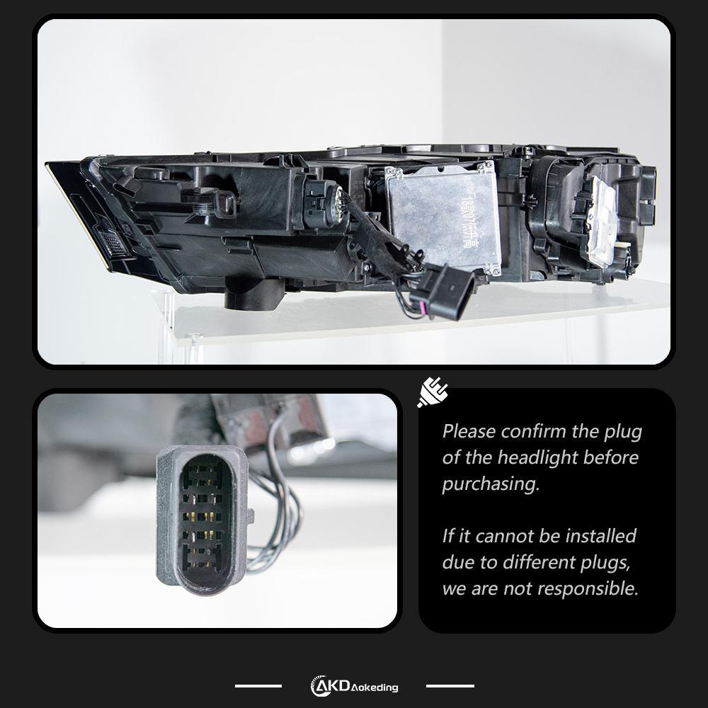 AKD headlight assembly upgrade specifically for 2016-2019 Audi Q7 models: LED laser sequential turn signals, daytime running lights, and bi-xenon projectors.