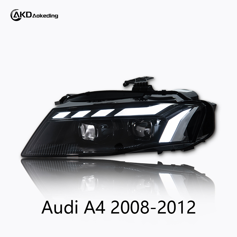AKD headlight assembly for 2008-2012 Audi A4 models, B8 retrofit RS style LED daytime running lights, dynamic turn signals, and projector headlights.
