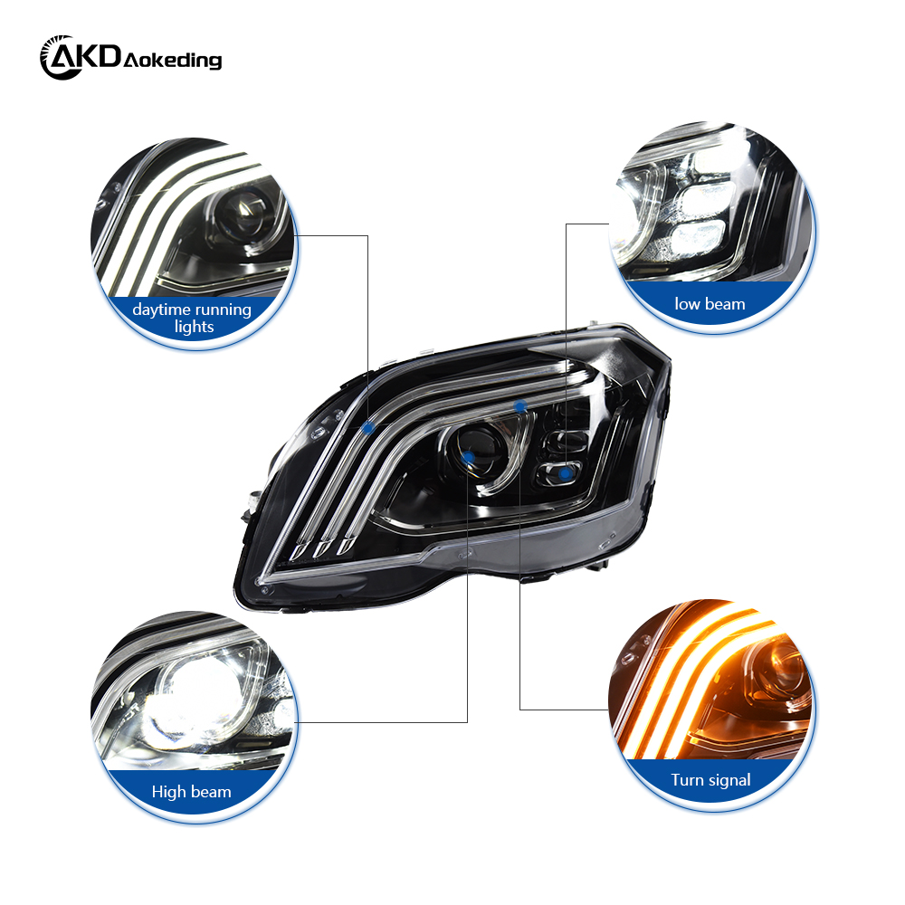 AKD Headlight Assembly Upgrade for 2008-2012 Mercedes-Benz GLK Models, Featuring LED Laser Sequential Turn Signals, Daytime Running Lights, And Bi-xenon Projector Lenses.