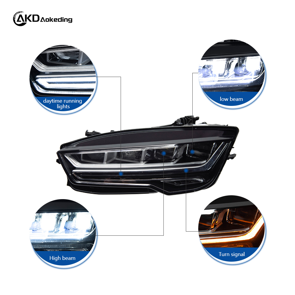 AKD Headlight Assembly Upgrade for 2015-2018 Audi A7 Models: LED Laser Lens, Daytime Running Lights, And Sequential Turn Signals.