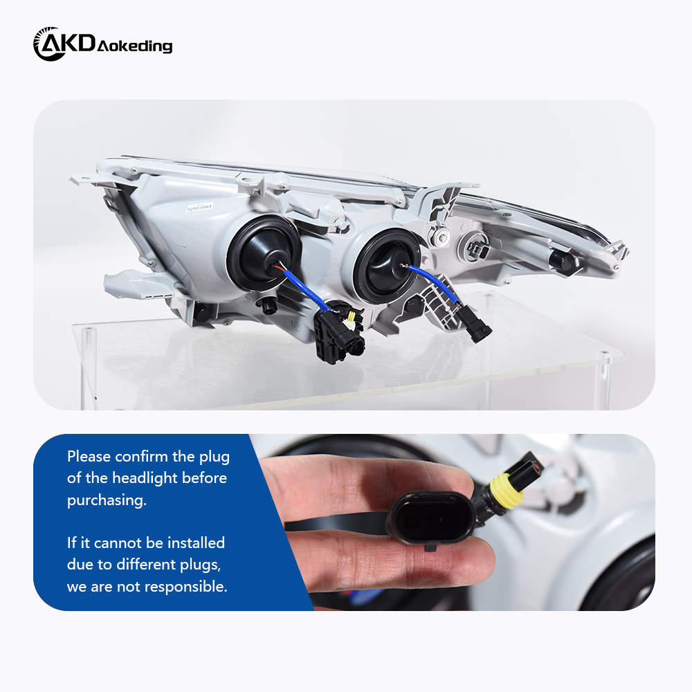 AKD headlight assembly upgrade for 2012-2014 Toyota Highlander models, featuring LED lenses, daytime running lights, and sequential turn signals.