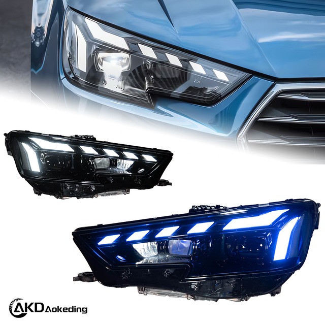 AKD headlight assembly modification for 2017-2020 Audi A4 models, featuring new RS LED daytime running lights and dynamic turn signals with projector lenses.