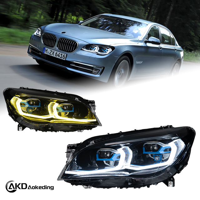 AKD Headlight Assembly Upgrade for 2013-2015 BMW 7 Series F02 Models: LED Laser Sequential Turn Signals, Daytime Running Lights, And Bi-xenon Projector Lenses.