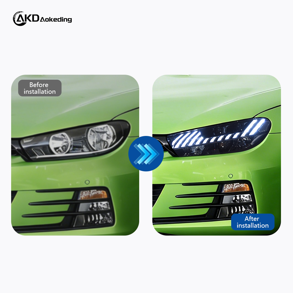 AKD headlight assembly for Volkswagen Scirocco 2009-2017 models, retrofitting with LED daytime running lights and sequential turn signals.