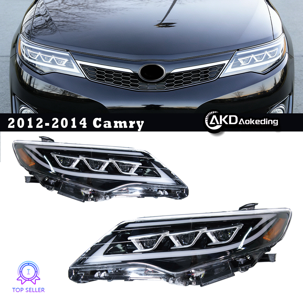 AKD headlight assembly upgrade for 2012-2014 Toyota Camry models, featuring three lenses, LED daytime running lights, and sequential turn signals.