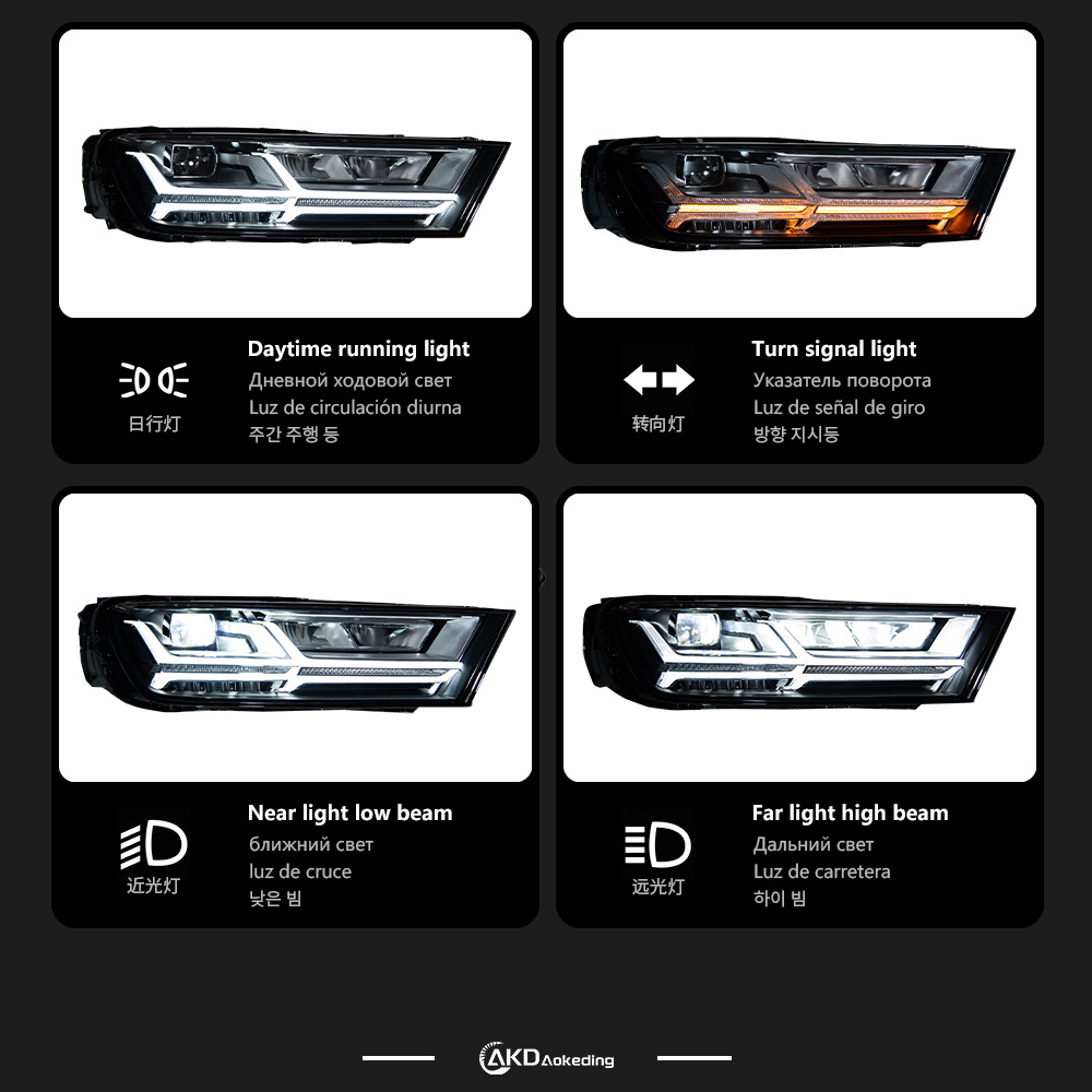 AKD headlight assembly upgrade specifically for 2016-2019 Audi Q7 models: LED laser sequential turn signals, daytime running lights, and bi-xenon projectors.