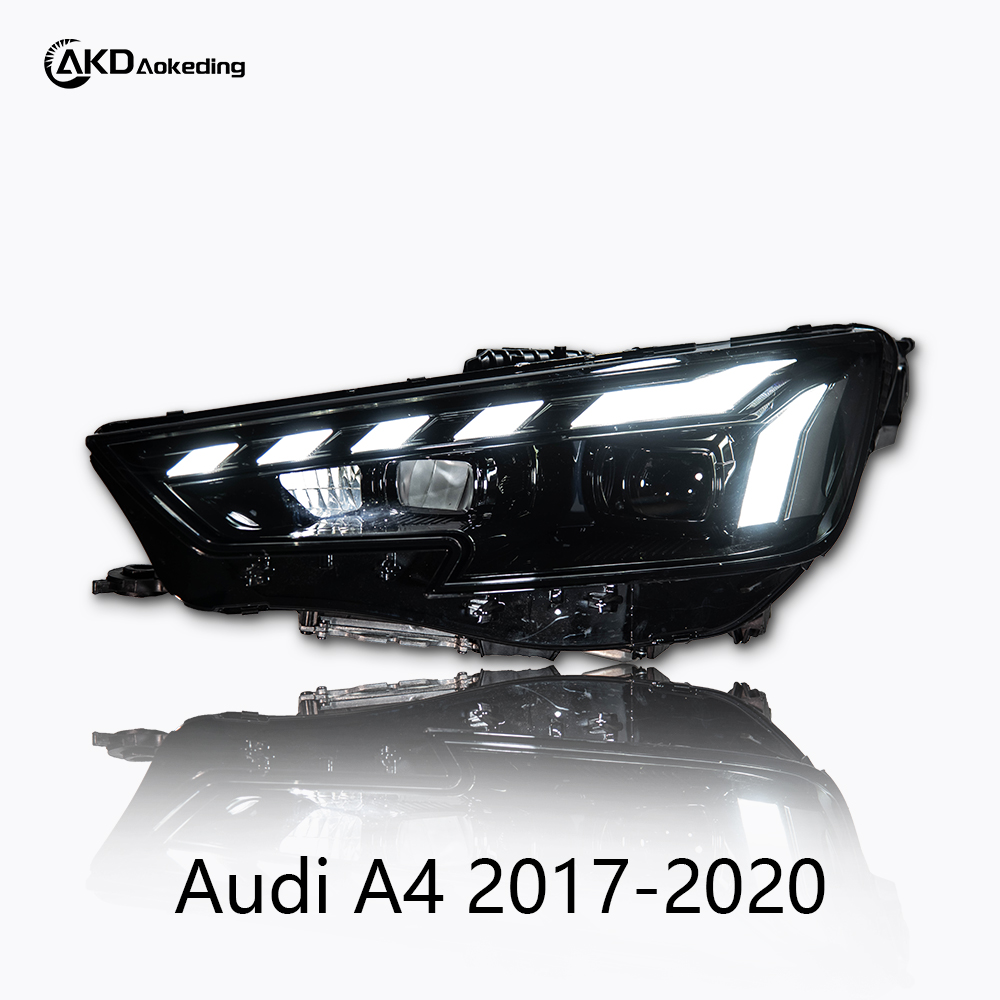 AKD headlight assembly modification for 2017-2020 Audi A4 models, featuring new RS LED daytime running lights and dynamic turn signals with projector lenses.