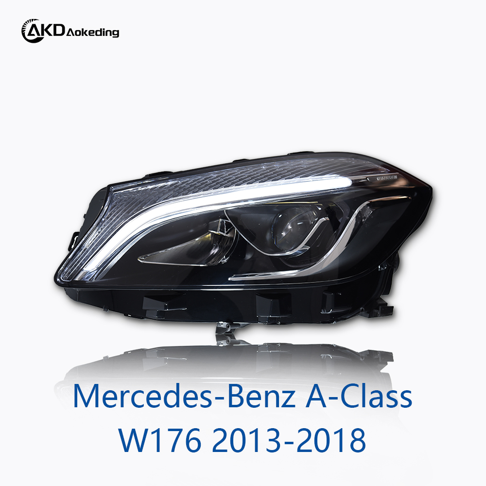 AKD Headlight Assembly Upgrade for 2013-2018 Mercedes-Benz A-Class W176 Models, Featuring LED Laser Sequential Turn Signals, Daytime Running Lights, And Bi-xenon Projector Lenses.