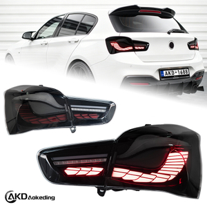 AKD taillight assembly for 2015-2019 BMW 1 Series, F20/F21 modified with dragon scale LED taillights and flowing turn signals.