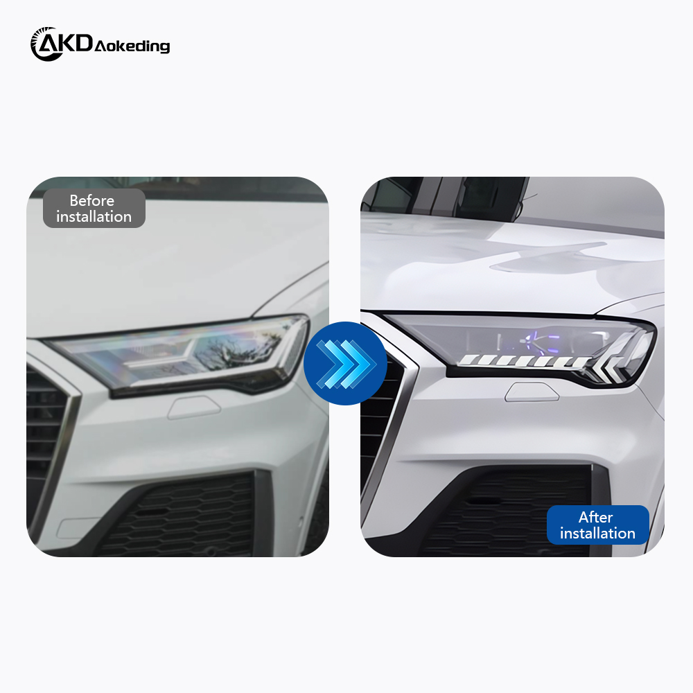 AKD headlight assembly upgrade for 2020-2023 Audi Q7 models: LED headlights with sequential turn signals and LED bi-xenon projector lenses.