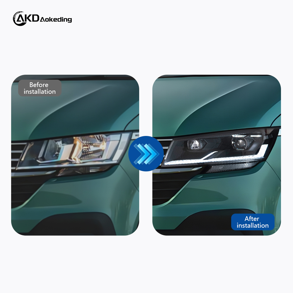 AKD Headlight Assembly Upgrade for 2019-2021 Volkswagen Caravelle Multivan T6.1 Models, Featuring LED Daytime Running Lights, Turn Signals, And LED Lenses.