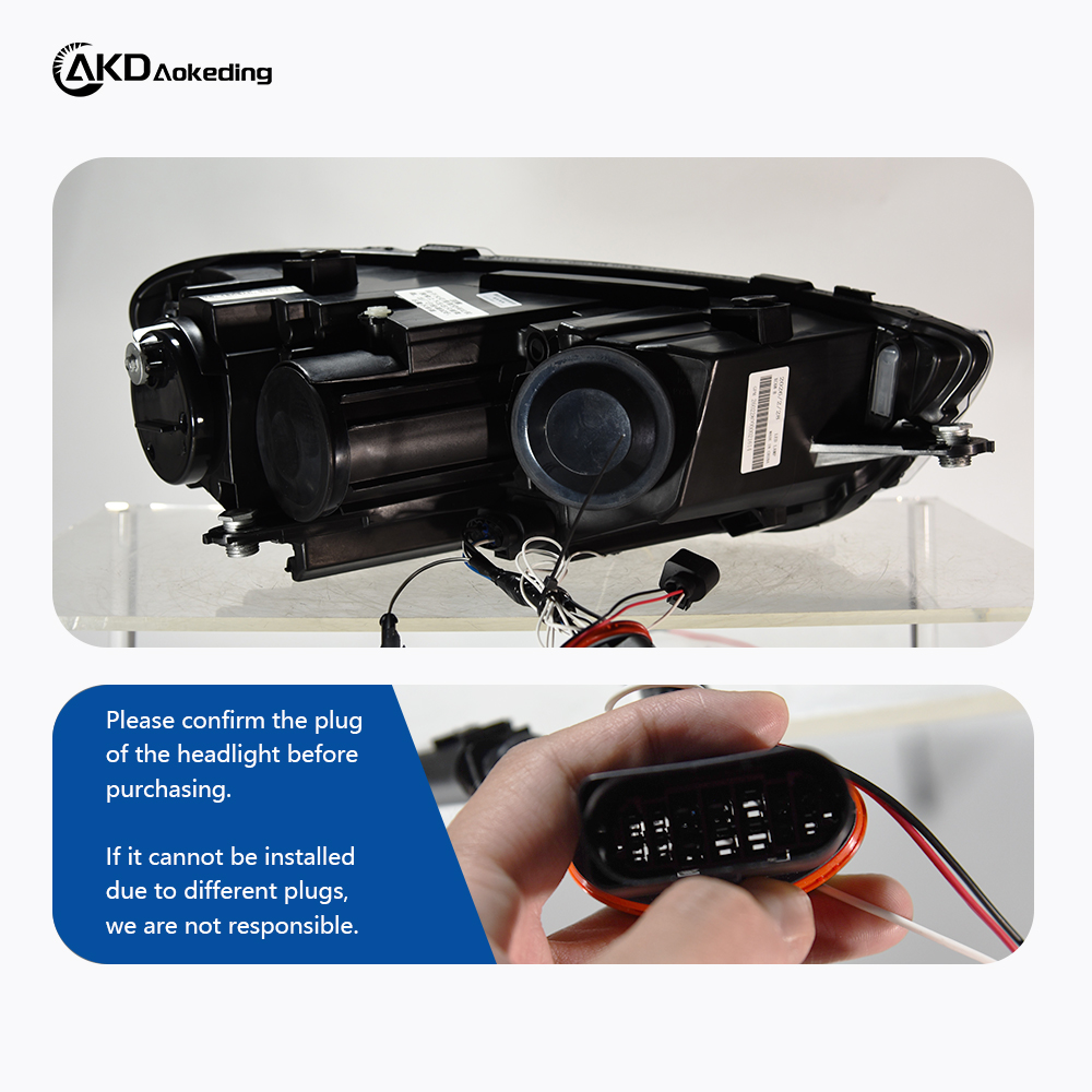 AKD headlight assembly for Volkswagen Scirocco 2009-2017 models, retrofitting with LED daytime running lights and sequential turn signals.