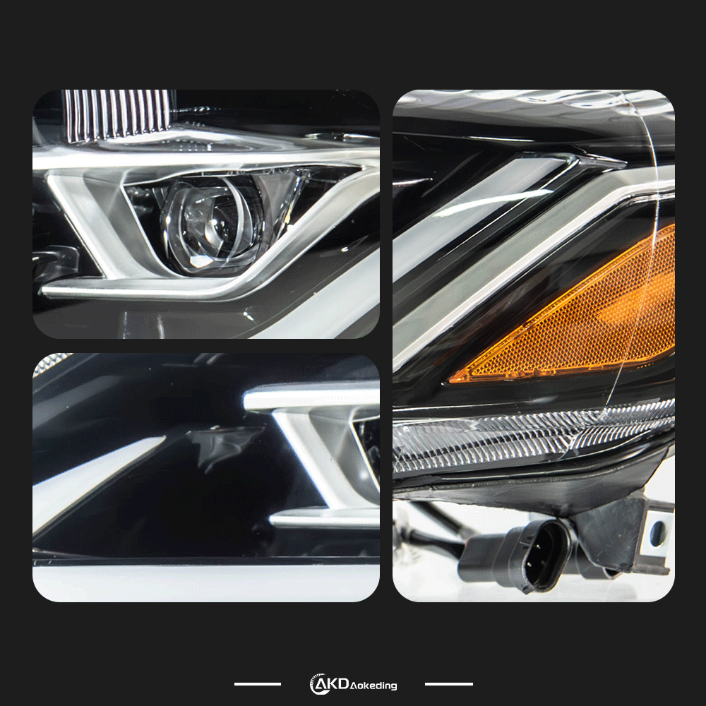 AKD headlight assembly upgrade for 2012-2014 Toyota Camry models, featuring three lenses, LED daytime running lights, and sequential turn signals.