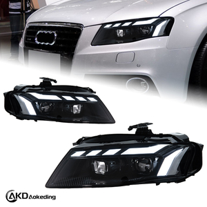 AKD headlight assembly for 2008-2012 Audi A4 models, B8 retrofit RS style LED daytime running lights, dynamic turn signals, and projector headlights.