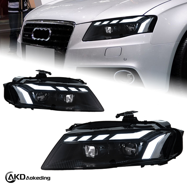 AKD headlight assembly for 2008-2012 Audi A4 models, B8 retrofit RS style LED daytime running lights, dynamic turn signals, and projector headlights.